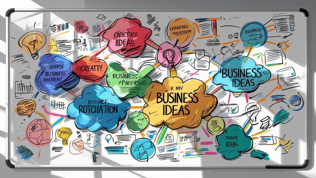 A whiteboard covered in business ideas, representing the process of start freelance writing after being laid off.